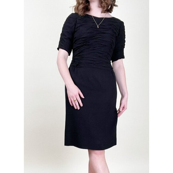 Vintage 1960s Little Black Dress Mini Midi Pleated Drape Preppy Bow Handmade 60s - Picture 7 of 7